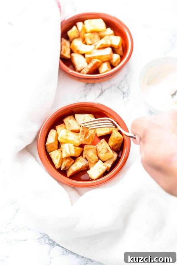 Crispy Air Fryer Patatas Bravas with Spicy Tomato Sauce 8 Spanish Air Fryer patatas bravas. A great snack or side dish that you can easy make yourself in no time.