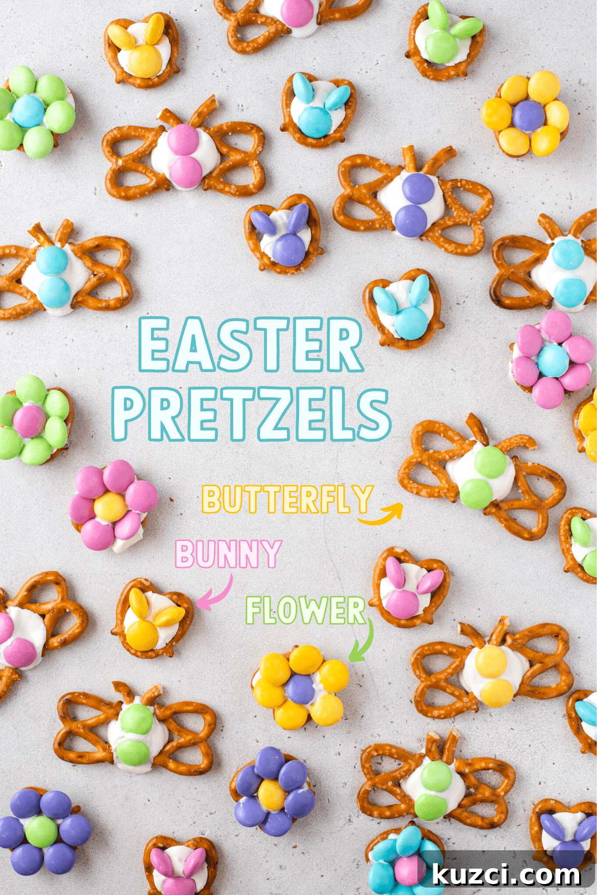 Festive Easter Pretzels: Soft Baked Twists and Decorating Ideas 2 butterflies, bunnies and flowers made from pretzels, candy melts and m&ms arranged on gray background with text overlay