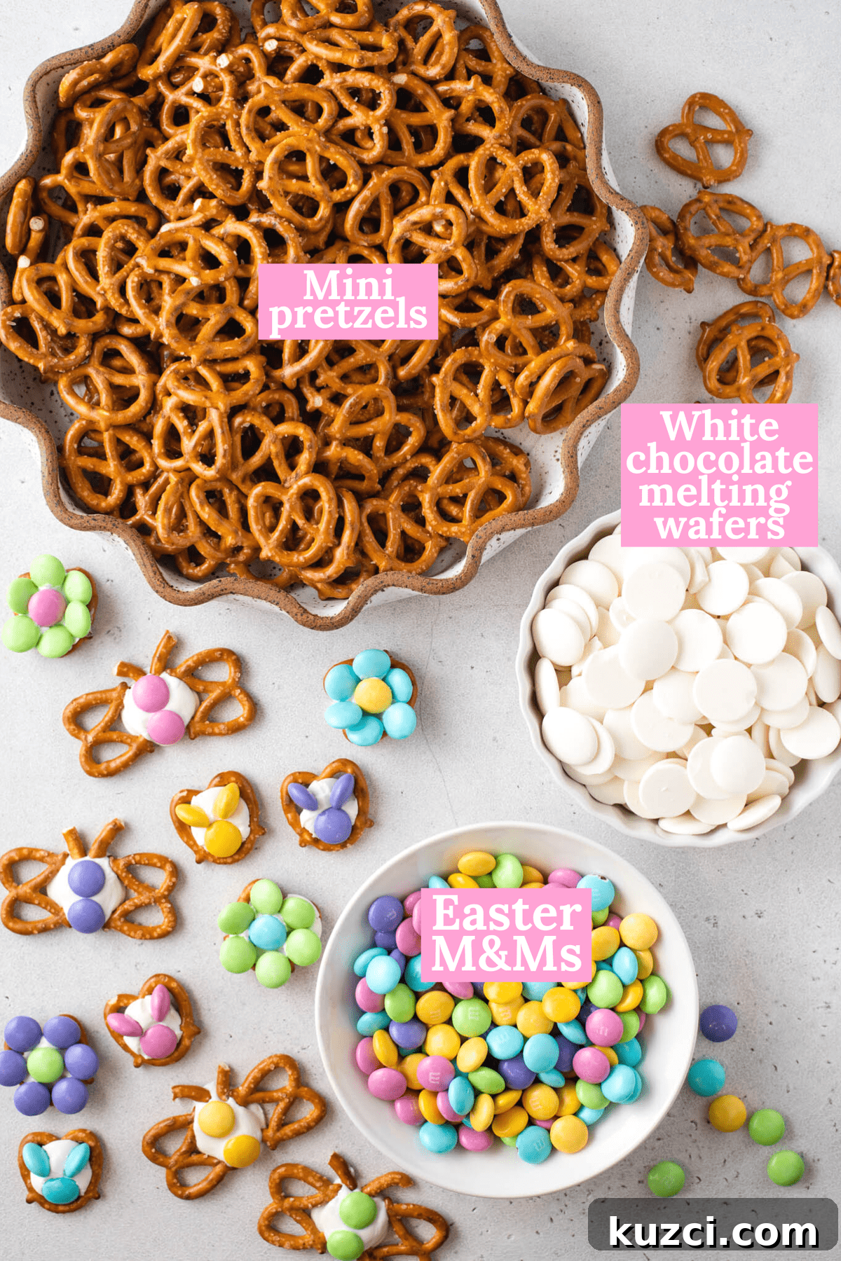 Festive Easter Pretzels: Soft Baked Twists and Decorating Ideas 3 ingredients to make Easter pretzels with text overlay (pretzels, white chocolate melting wafers and m&ms)