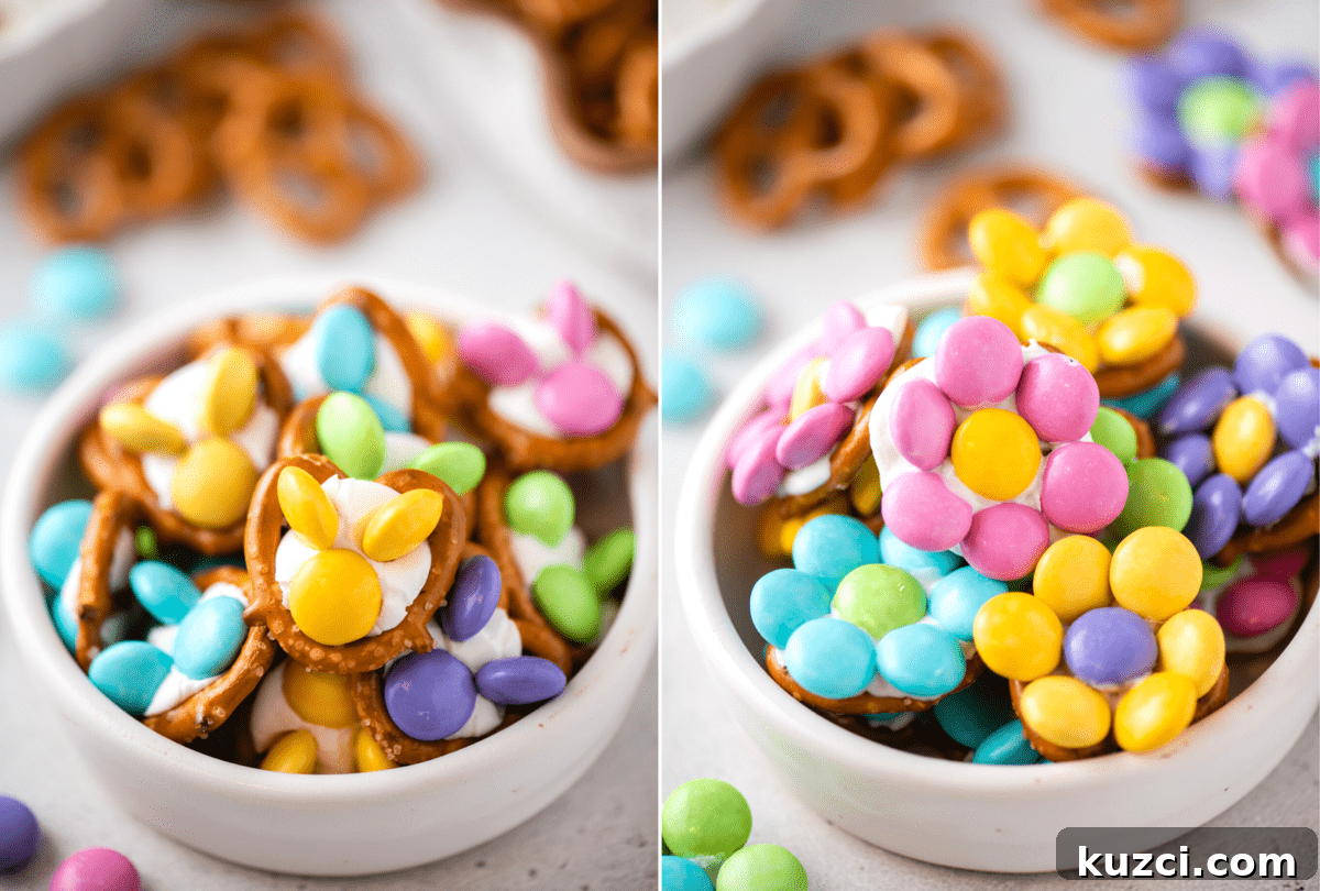Festive Easter Pretzels: Soft Baked Twists and Decorating Ideas 8 collage image with bunny pretzels in a white bowl on the left and flower pretzels in a white bowl on the right