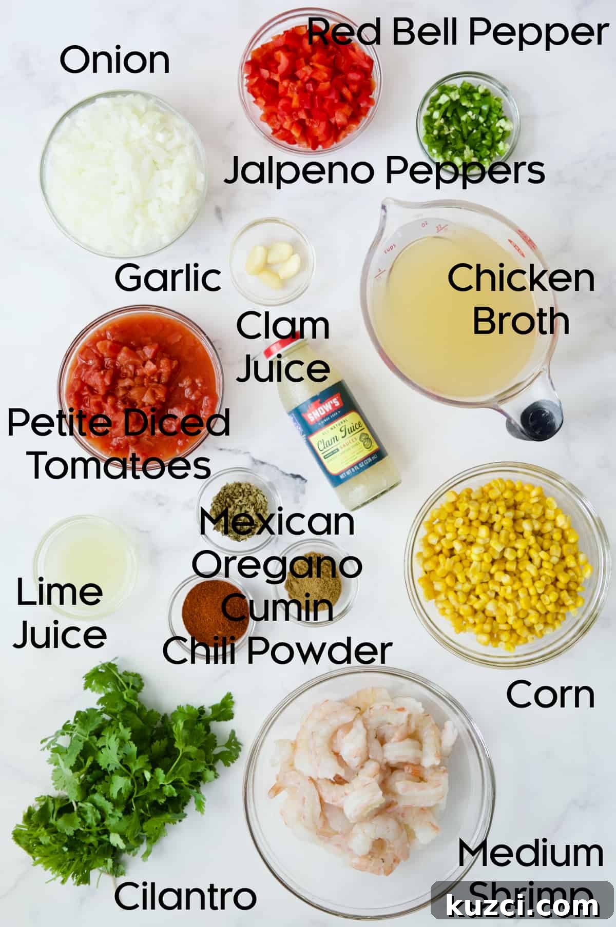 Creamy Shrimp and Corn Soup Recipe 4 Ingredients for Shrimp and Corn Tortilla Soup in glass bowls.