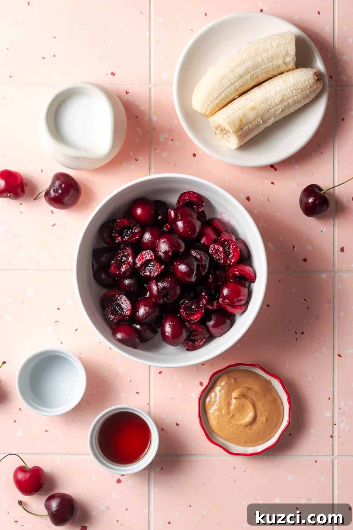Creamy Cherry Smoothie Recipe 3 Ingredients for a sweet cherry smoothie sitting on a tile counter.