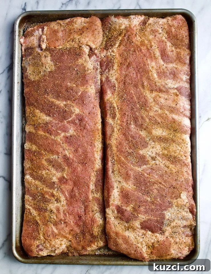 Two slabs of pork spareribs with dry rub, ready for grill.