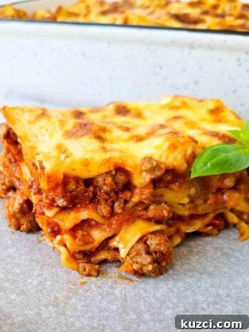Sideview of a slice of lasagna showing all 4 layers. A tray of lasagna in the background, blurred