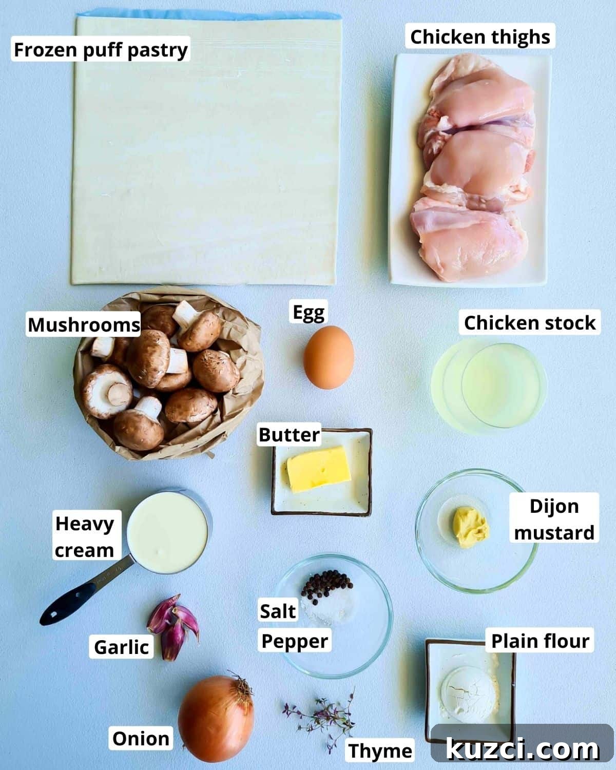 Creamy Chicken and Mushroom Pie Recipe with Flaky Crust 3 All the ingredients required to make this recipe, labeled