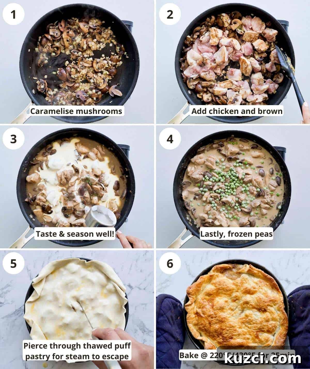 Creamy Chicken and Mushroom Pie Recipe with Flaky Crust 4 Step by step cooking instructions collage with captions