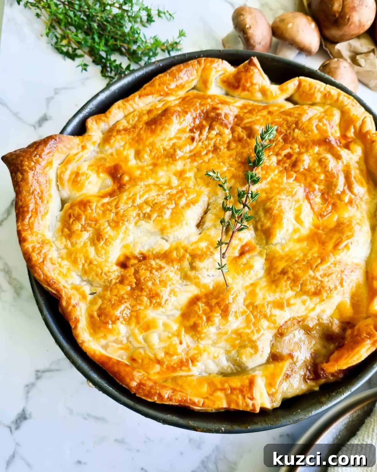 Creamy Chicken and Mushroom Pie Recipe with Flaky Crust 5 Freshly baked, golden and flaky chicken pot pie