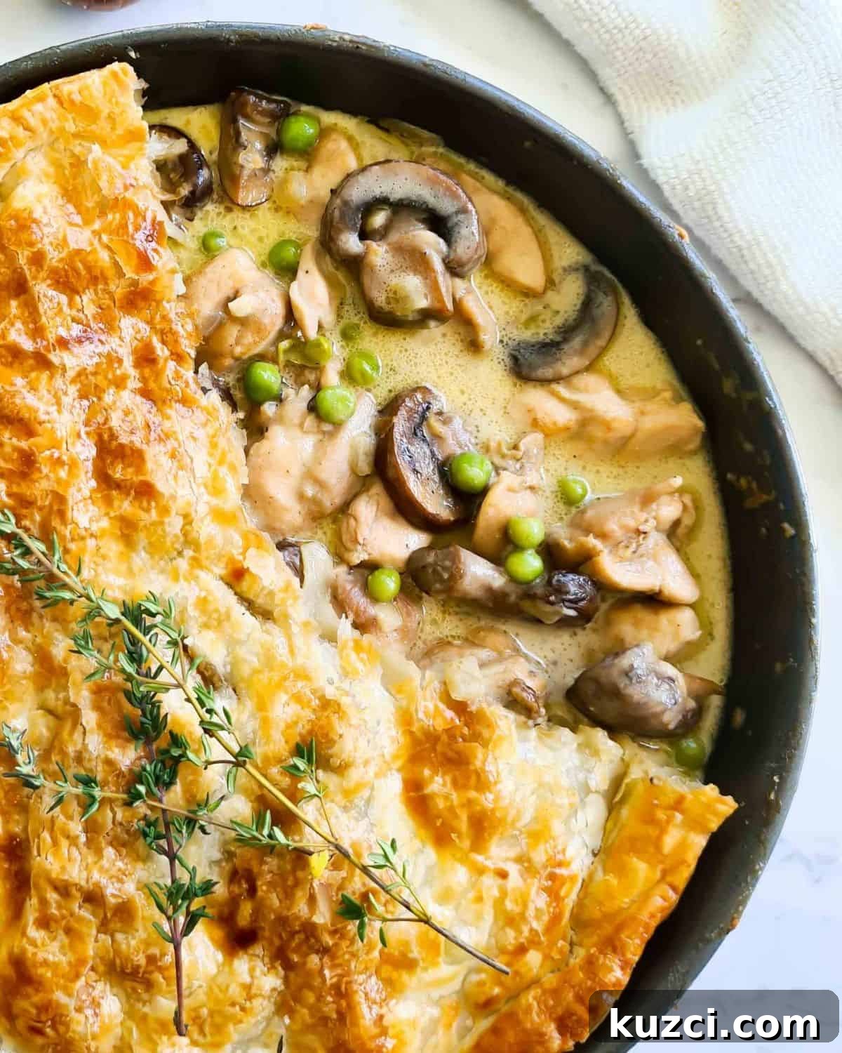 Creamy Chicken and Mushroom Pie Recipe with Flaky Crust 6 Close up of pot pie filling