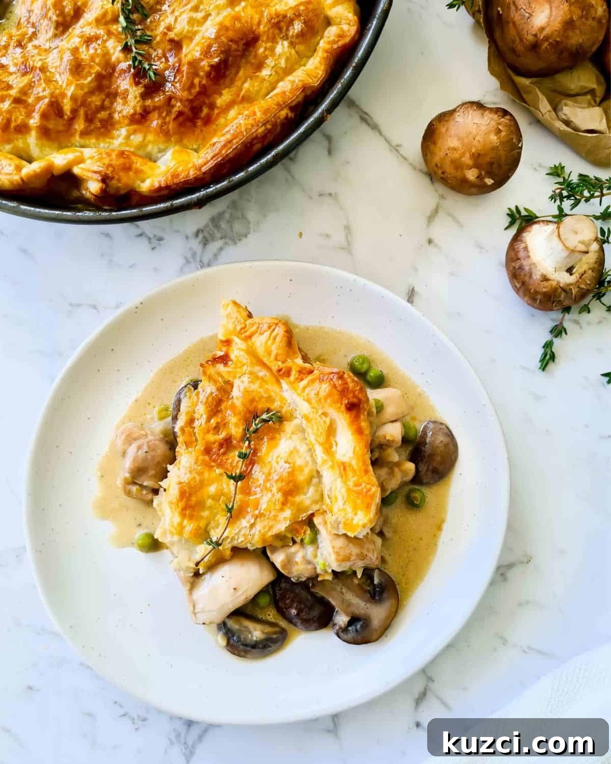 Creamy Chicken and Mushroom Pie Recipe with Flaky Crust 7 A small portion of chicken pie on a plate