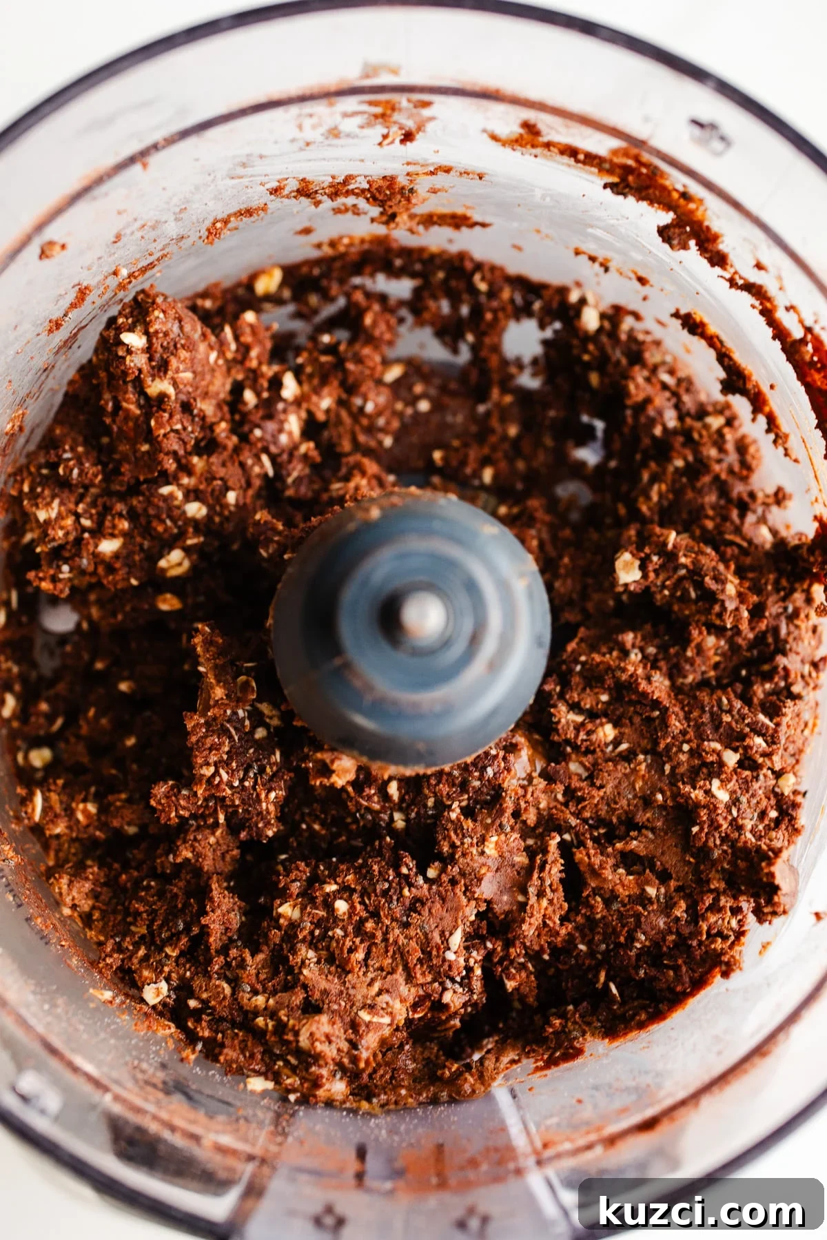 Chocolate Almond Butter Protein Balls Recipe 6 Protein ball batter in a food processor.