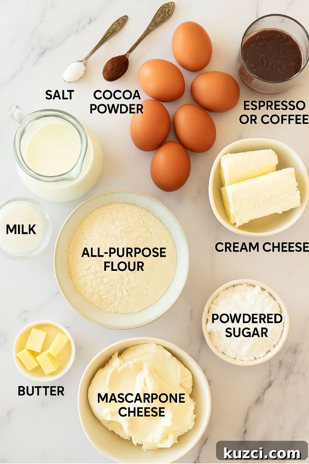 Classic French Crepe Cake (Mille Crepes) Recipe 3 Ingredients needed to make crepe cake measured into small dishes on a white marble table.
