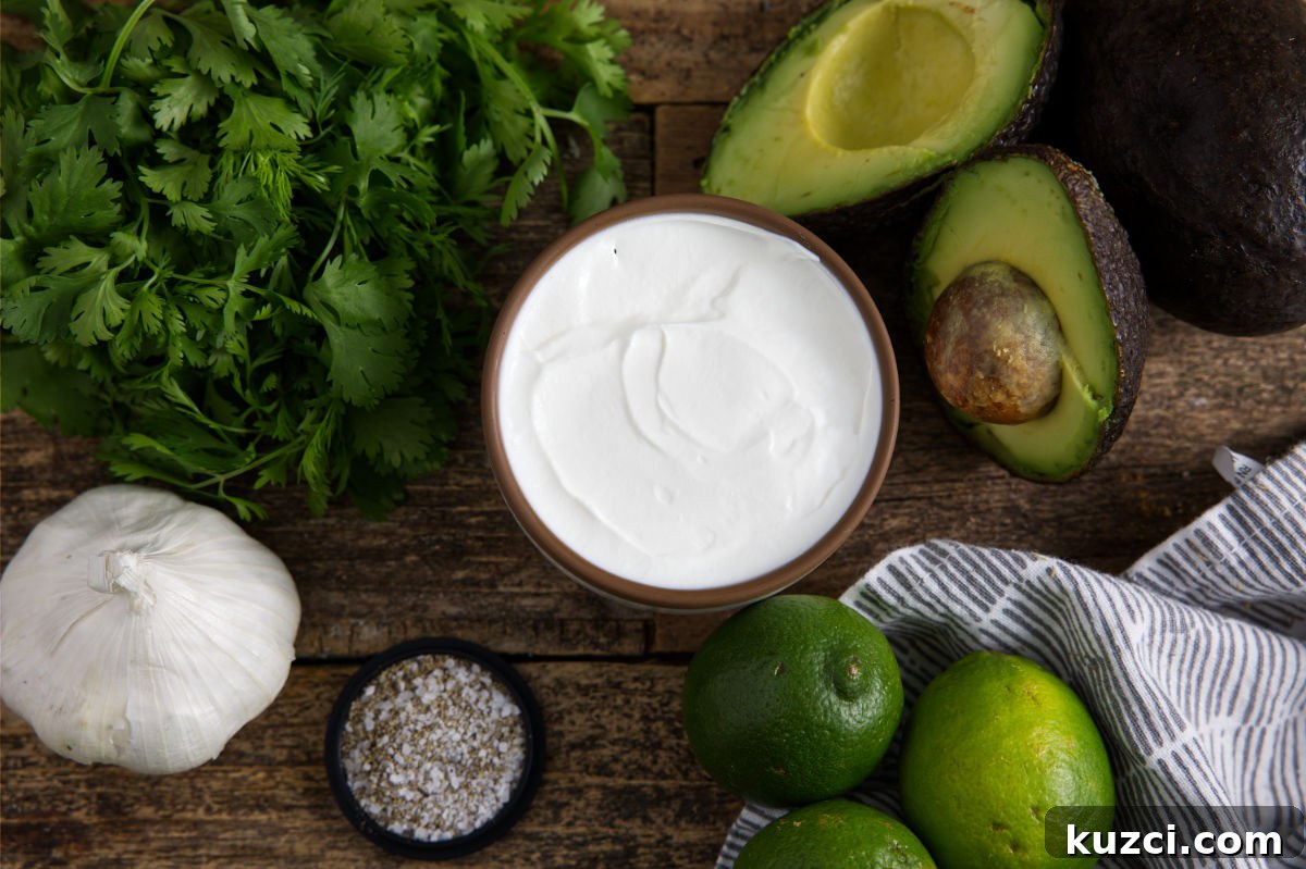 Avocado Lime Crema Recipe 4 Ingredients for avocado lime crema including sour cream, avocados, lime, and herbs and seasoning.