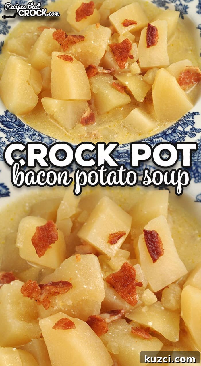 Bowl of creamy potato soup topped with bacon