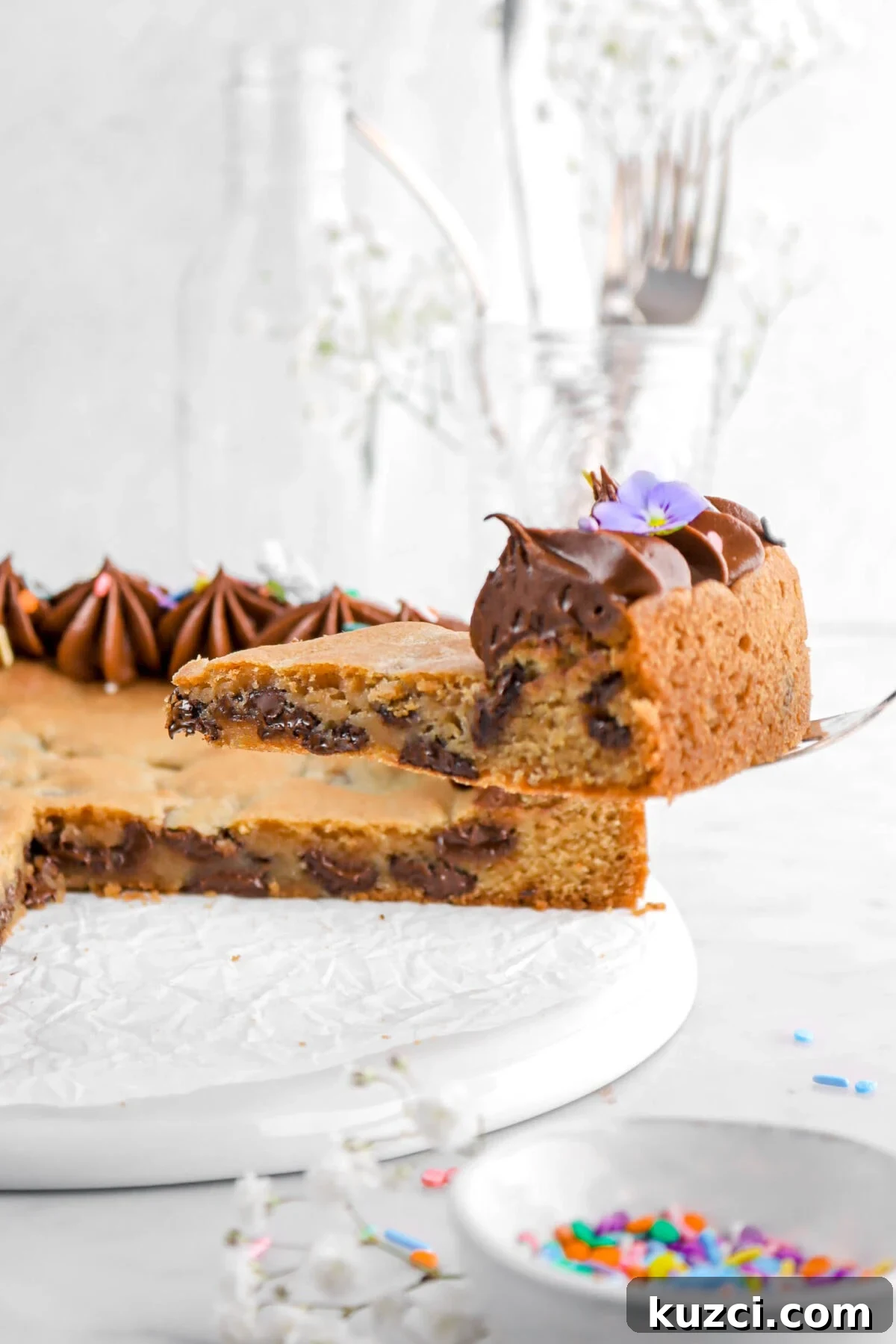 Chocolate Chip Cookie Cake with Chocolate Buttercream 3 slice of cookie cake being held by cake knife with cookie cake behind and bowl of sprinkles beside.
