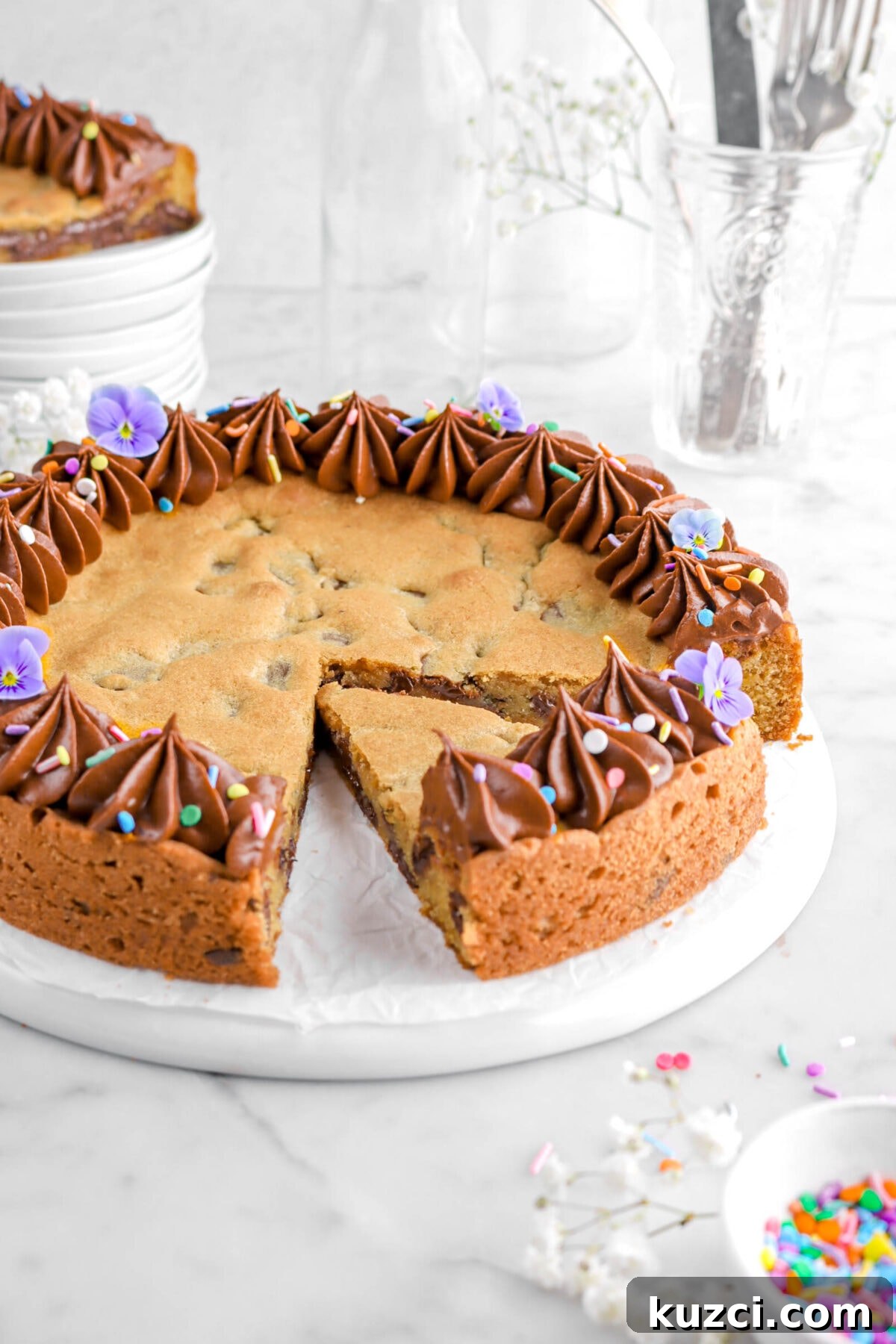 Chocolate Chip Cookie Cake with Chocolate Buttercream 25 cropped close up of cookie cake with slice cut into it with piped chocolate frosting, sprinkles, and purple flowers on top.