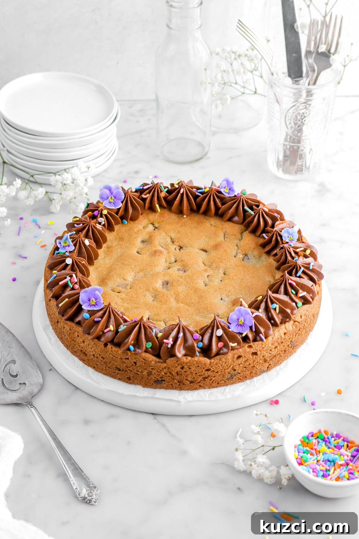 Chocolate Chip Cookie Cake with Chocolate Buttercream 26 angled shot of chocolate chip cookie cake with piped chocolate frosting around the edges, with rainbow sprinkles and six purple flowers on top, with bowl of sprinkles, white flowers, cake knife beside, stack of plates and a glass of utensils behind on marble surface.