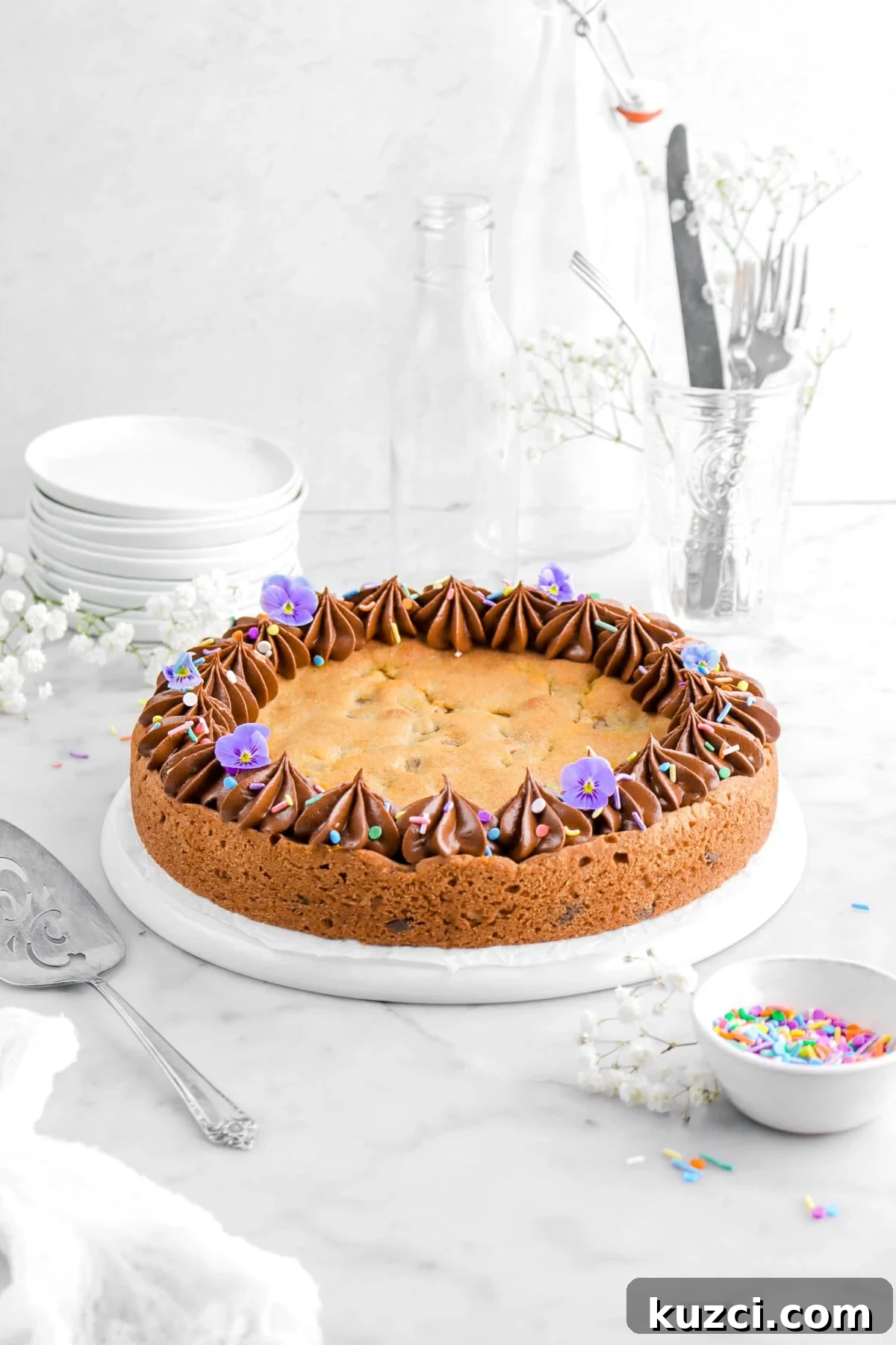 Chocolate Chip Cookie Cake with Chocolate Buttercream 4 chocolate chip cookie cake on upside down white plate with chocolate frosting, sprinkles, and purple flowers on top with sprinkles in bowl beside, white flowers around, a stack of plates, and a glass with utensils behind.