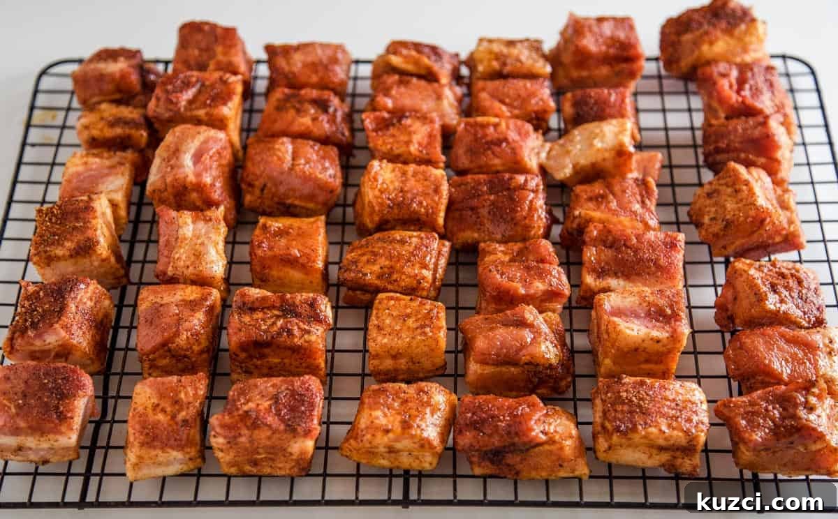 Smoked Pork Belly Burnt Ends: How to Make Sticky, Crispy Bites 6 raw pieces of pork belly on a wire rack