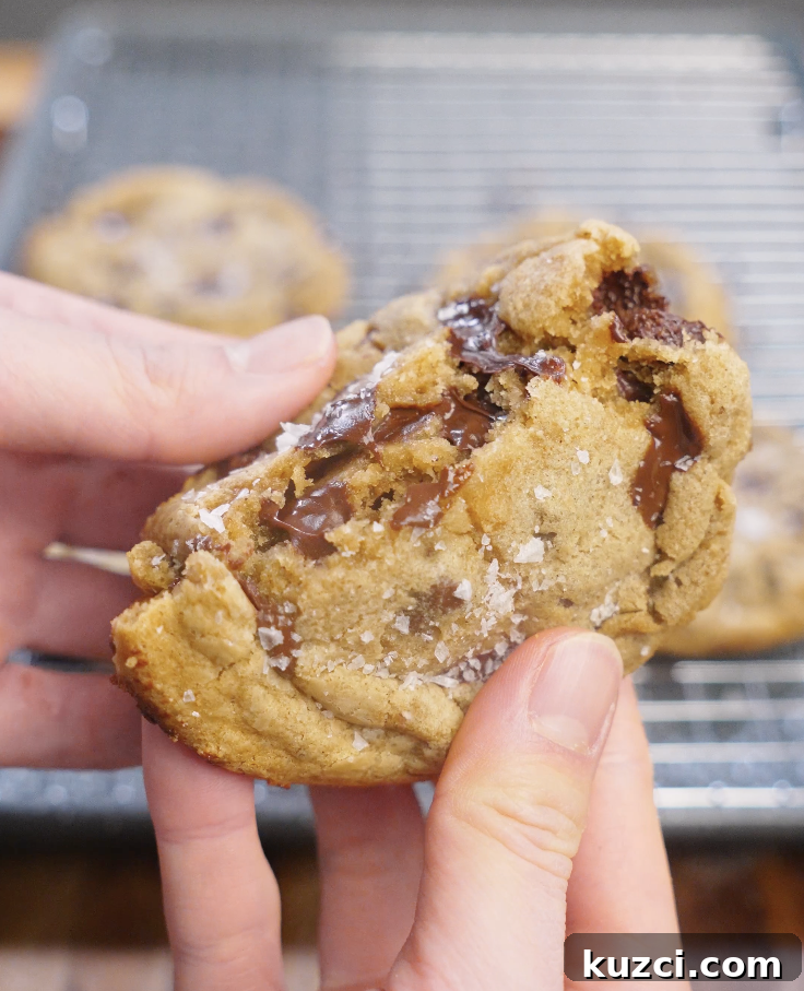Brown butter chocolate chip cookie broken open to reveal a soft, chewy center with melted chocolate and a tender crumb.
