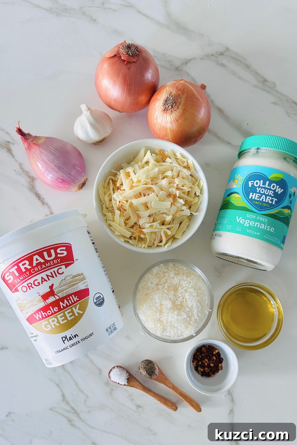 Creamy Baked Onion Dip Recipe with Caramelized Onions 3 Ingredients for hot onion dip laid out on a white countertop.