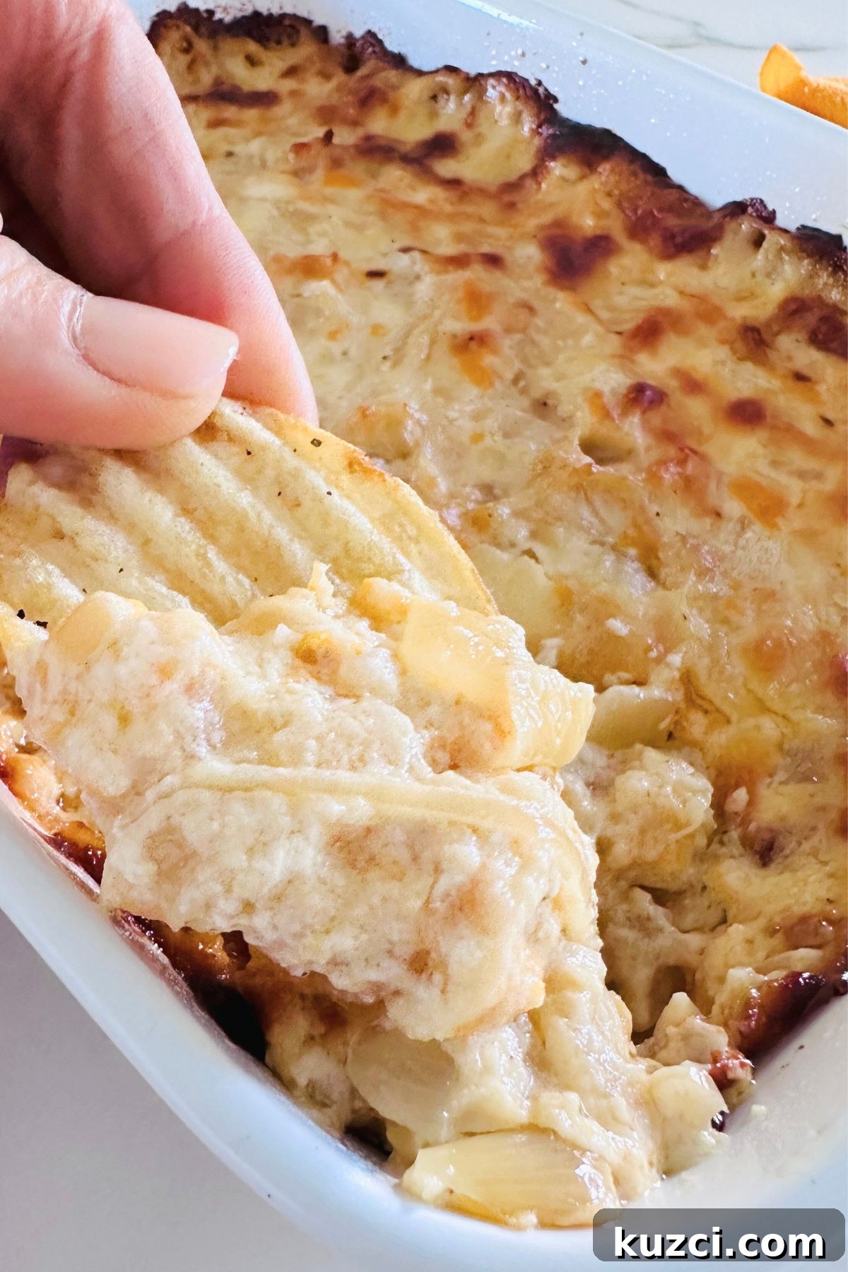 Creamy Baked Onion Dip Recipe with Caramelized Onions 8 A hand holding a potato chip with hot onion dip on it; the pan of hot onion dip is visible in the background.