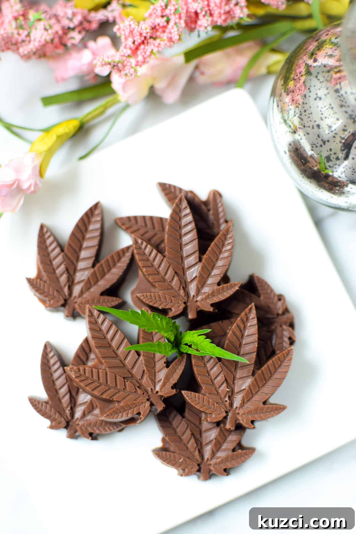 Quick Cannabis Chocolate Recipe for Homemade Edibles 2 A completed batch of molded cannabis chocolates made in cannabis leaf shaped molds