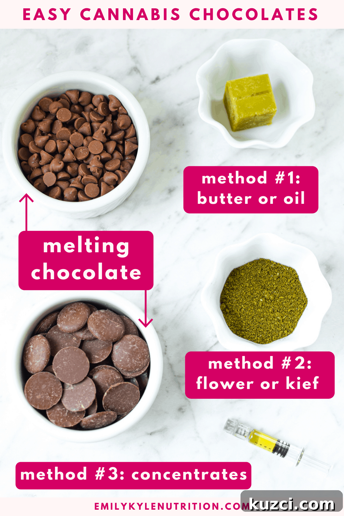 Quick Cannabis Chocolate Recipe for Homemade Edibles 4 A white countertop with the ingredients needed to make cannabis chocolate including chips, wafers, concentrates, cannabutter, and cannabis flower
