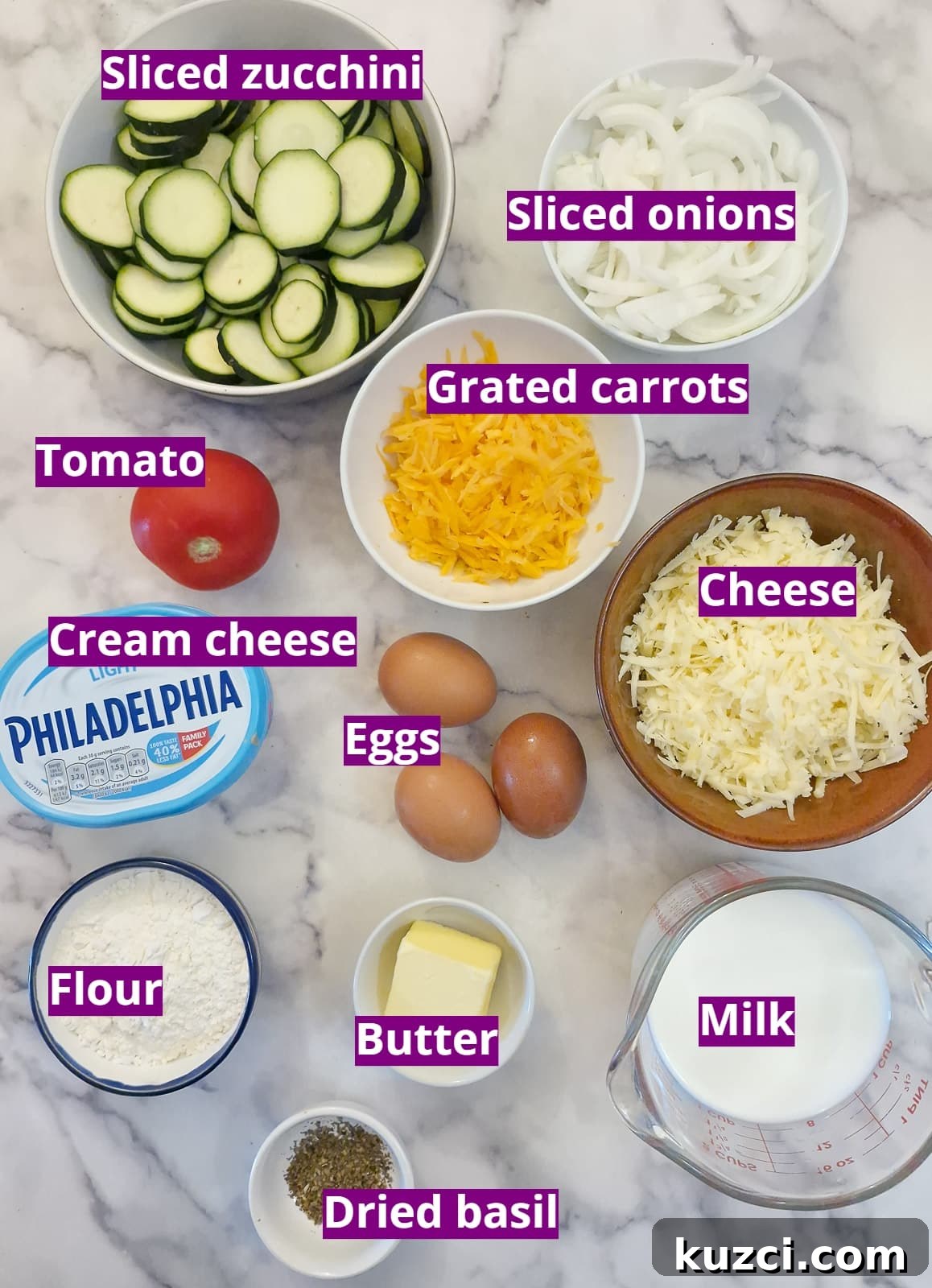 Crustless Cheesy Zucchini and Carrot Quiche 4 Ingredients you will need to make a crustless zucchini and carrot quiche.