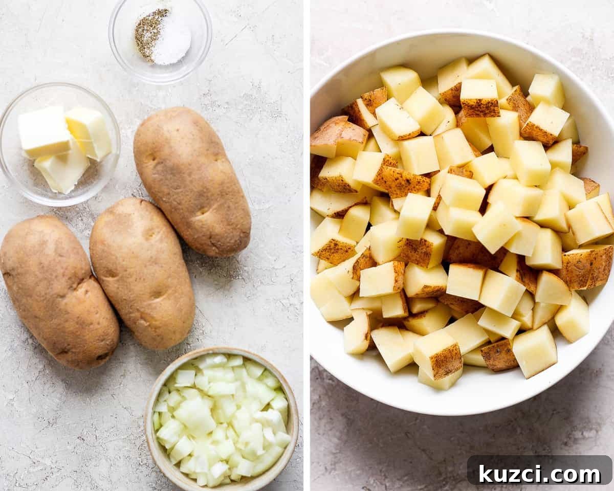 Two images showing all of the ingredients and then the cubed potatoes in a white bowl.