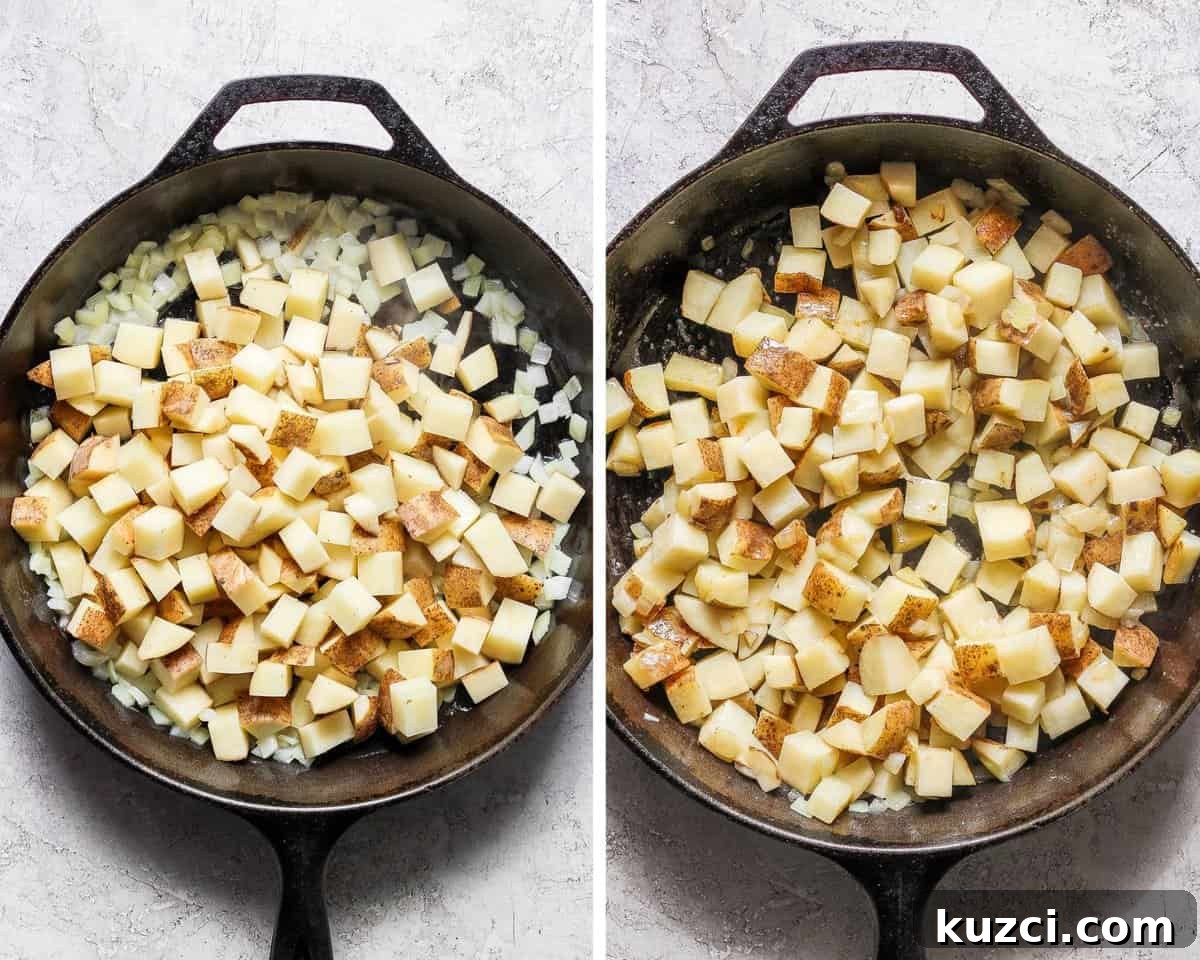 Two images showing the potatoes added to the cooked onions and then all of the potatoes after cooking for a bit.