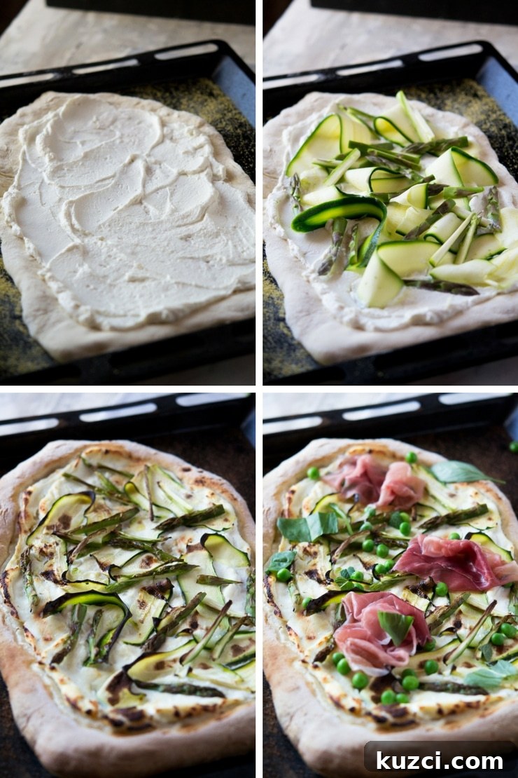 Step by step photos for how to make pizza with zucchini, prosciutto, asparagus and buffalo mozzarella