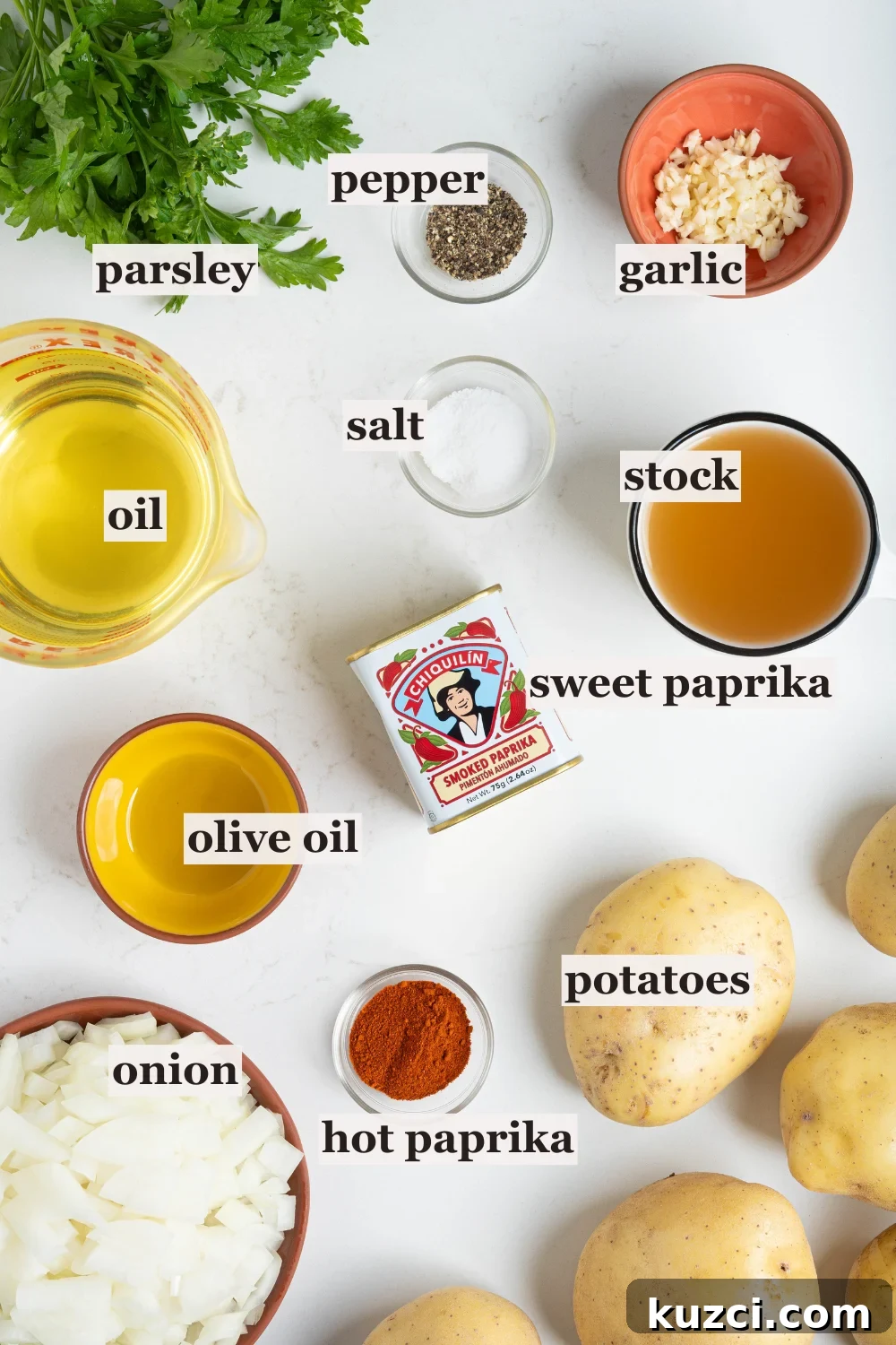 Patatas Bravas Recipe with Spicy Spanish Potatoes 3 Bowls of stock, oil, garlic, paprika, and more.