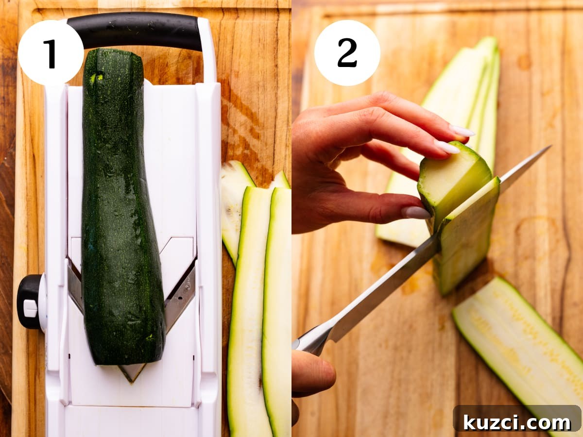 Zucchini Lasagna Recipe with Ricotta and Fresh Basil 4 A collage of two photos showing how to cut lasagna into noodles. The first photo is showing how to use a mandoline slicer, and the second photo is showing how to cut the lasagna noodles with a knife.