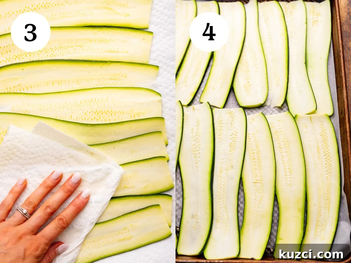 Zucchini Lasagna Recipe with Ricotta and Fresh Basil 5 A collage of two photos showing steps for how to make zucchini lasagna. The first photo is a hand patting dry excess moisture from the zucchini noodles. The second photo is the zucchini noodles baked on a sheet pan.