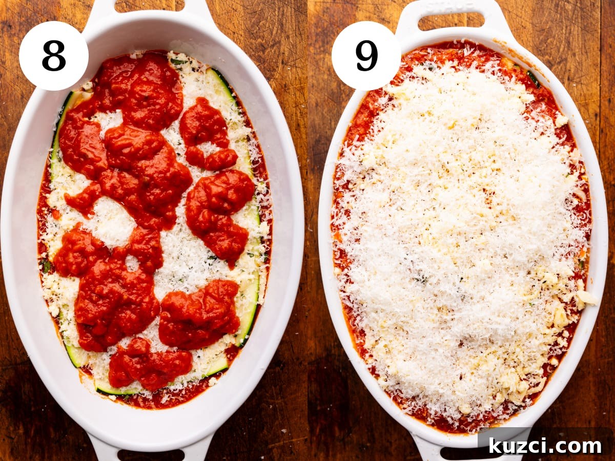 Zucchini Lasagna Recipe with Ricotta and Fresh Basil 6 A collage of two photos showing how to layer and make zucchini lasagna. The first photo is red sauce and cheese being layered in a white oval dish on a wooden background. The second photo is the same white dish completely layered with shredded cheese on top.