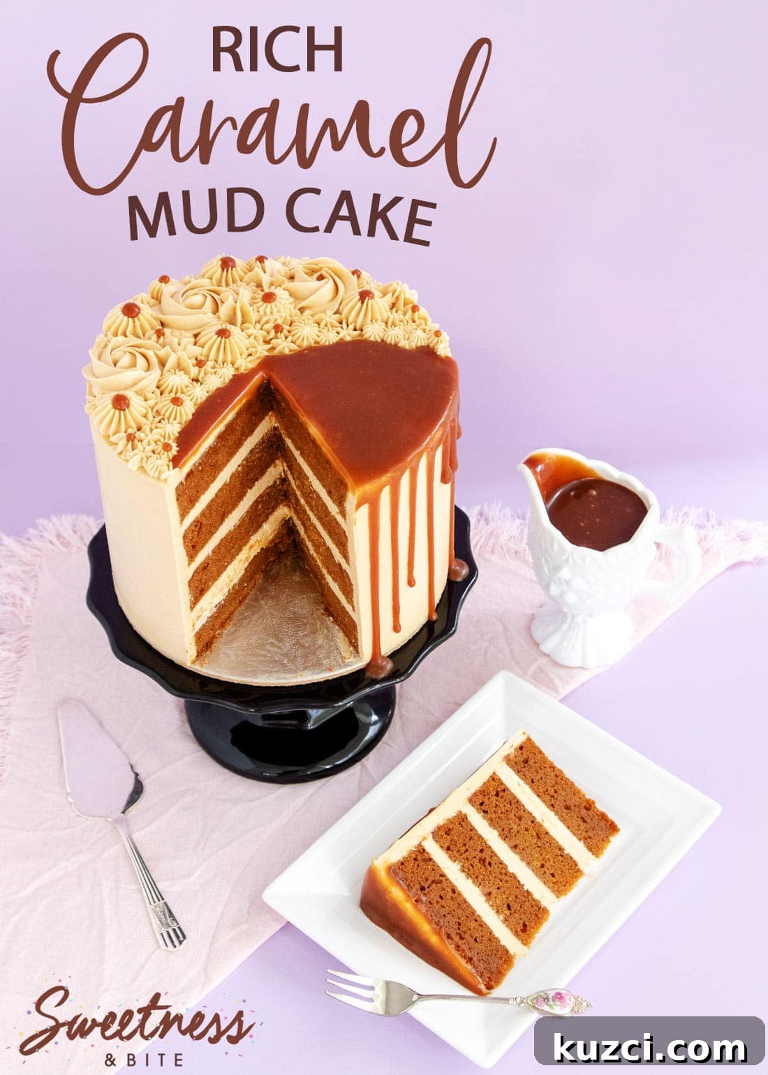 Caramel Mud Cake Recipe with Gluten Free Option 2 Caramel mud cake on a black cake stand, a slice of cake on a white plate, and a small jug of caramel sauce.