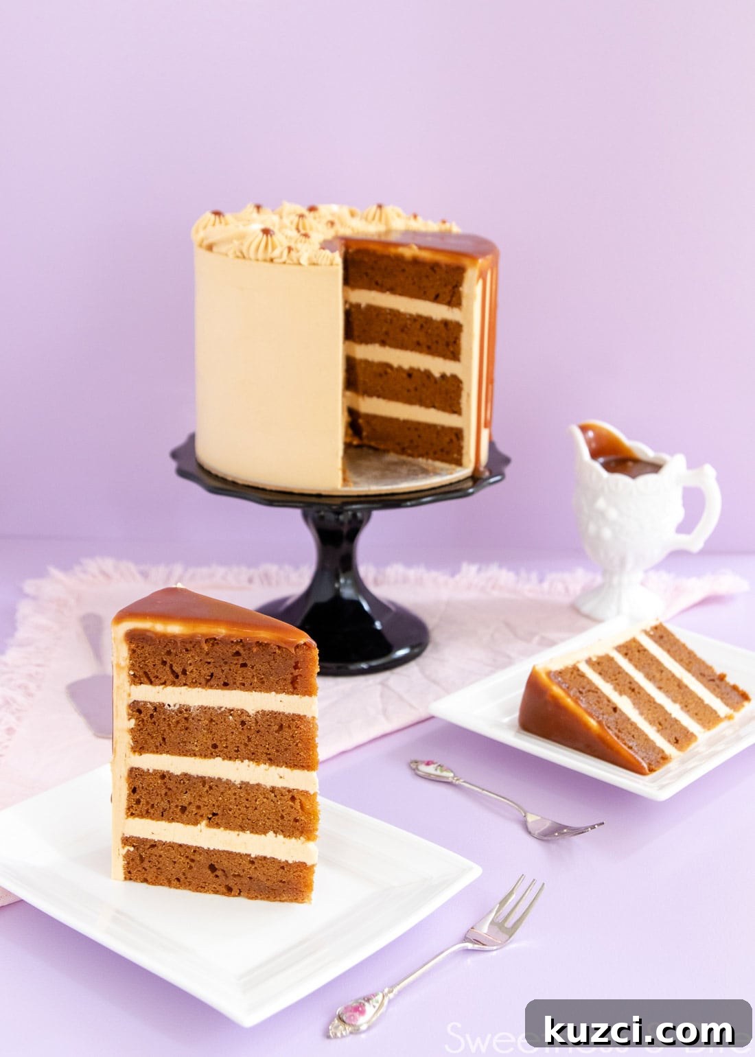 Caramel Mud Cake Recipe with Gluten Free Option 3 Slice of cake showing the layers of cake and caramel buttercream. Cake on the cake stand in the background.