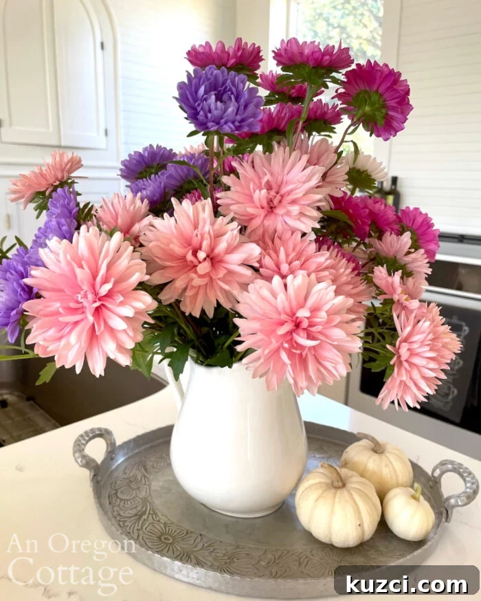 Good Things 42: Fall Decor, Cut Flowers and Cozy Jean Jacket 5 autumn giant aster bouquet in white pitcher