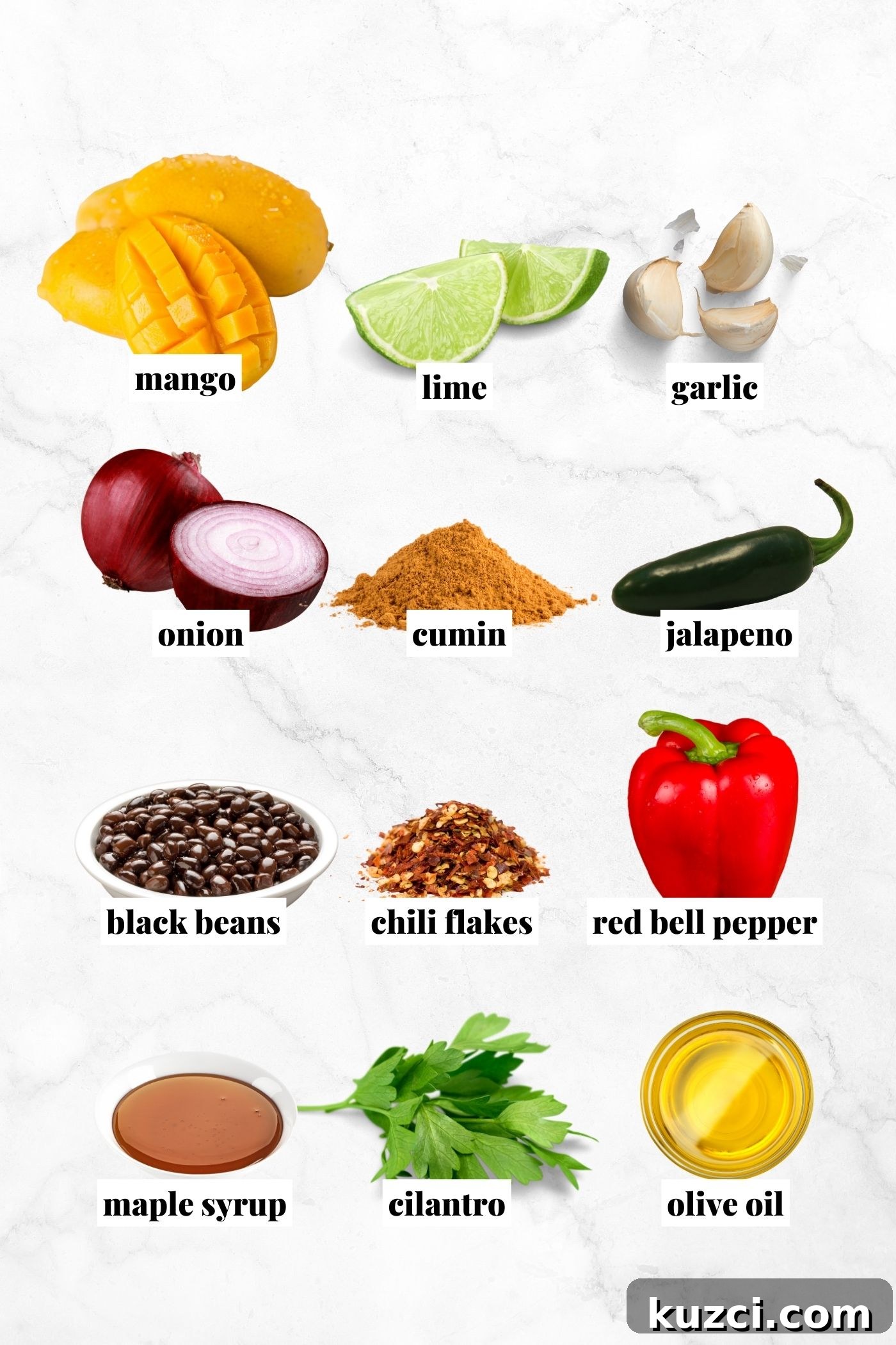All the ingredients for making a vegan black bean mango cilantro salad.