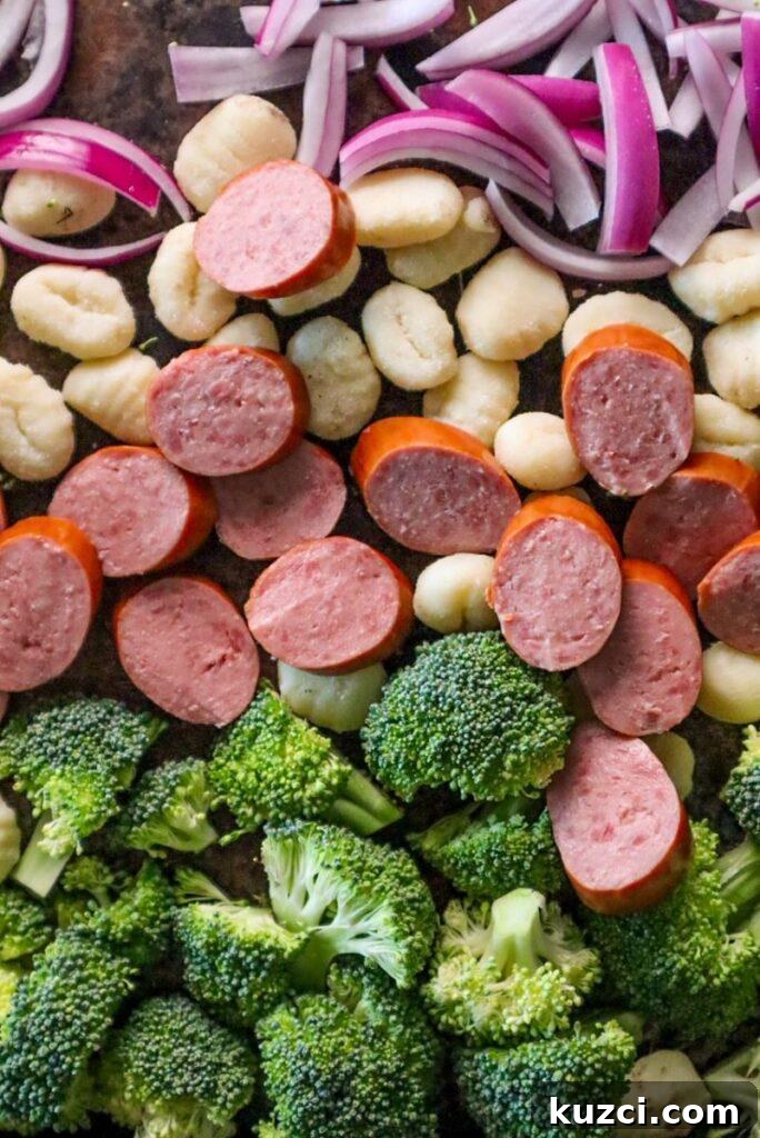 ingredients for sheet pan turkey sausage broccoli and gnocchi