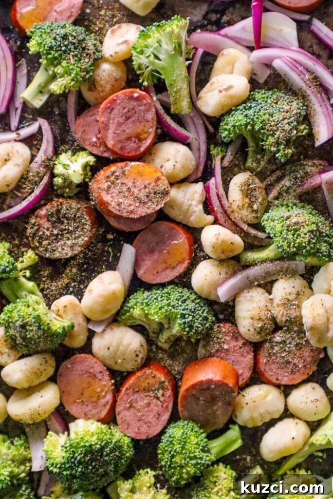 turkey sausage gnocchi and broccoli in spices and herbs