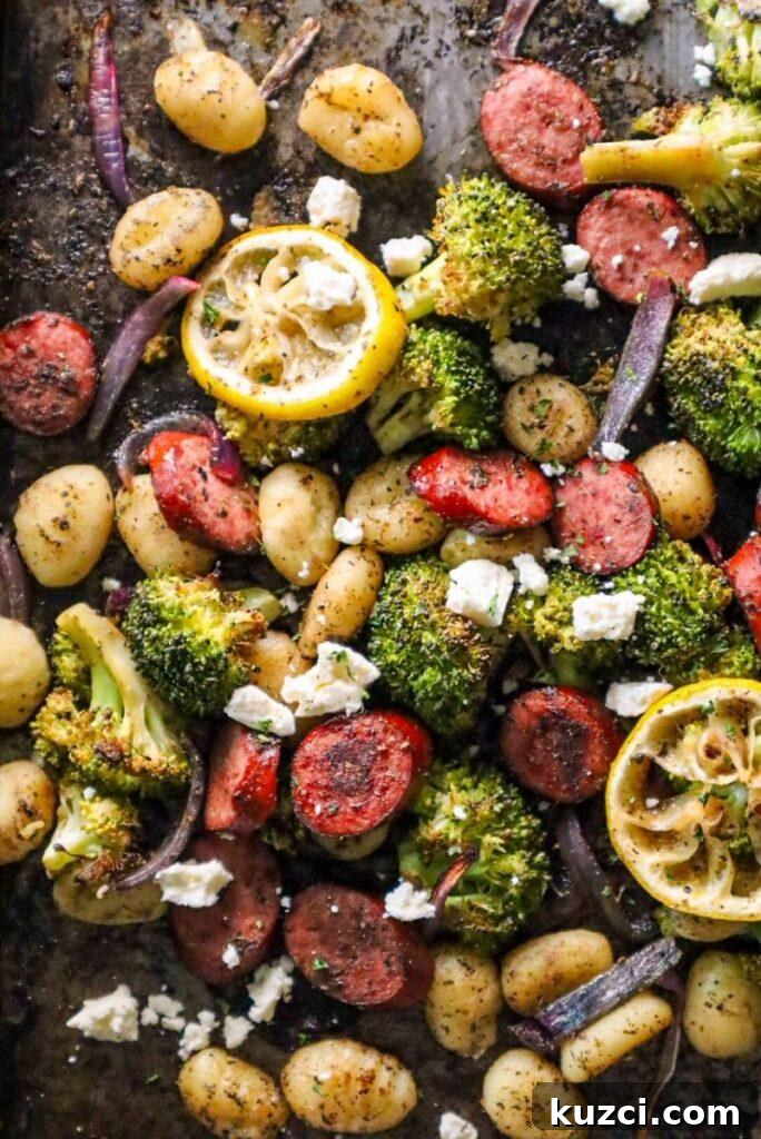 baked turkey sausage broccoli and gnocchi with feta cheese
