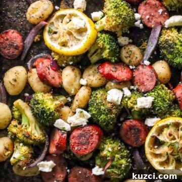 baked turkey sausage broccoli and gnocchi with feta cheese