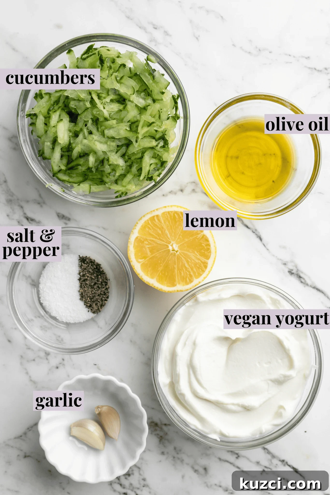 Tzatziki: Greek Yogurt and Cucumber Sauce Recipe 3 Overhead view of ingredients for vegan tzatziki with labels