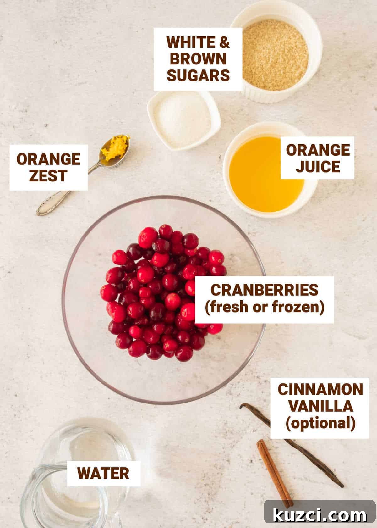 Homemade Cranberry Orange Sauce with Fresh Orange Juice 4 Beige surface with bowls containing ingredients for orange cranberry sauce including sugars, water, cinnamon, vanilla.