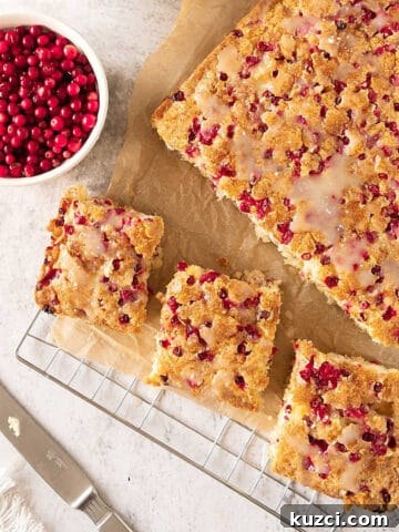 View from above of fresh cranberry coffee cake on a beige paper and wire rack. Bowl of cranberries. Light grey surface.
