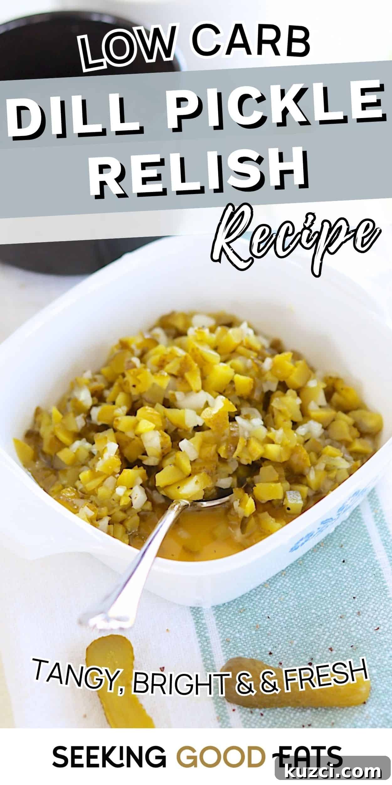 Bowl of homemade dill pickle relish with chopped pickles and onions in a white dish.