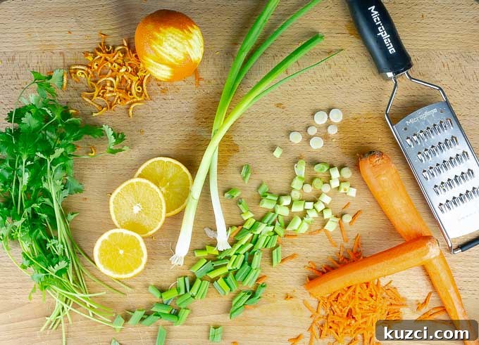 Sticky Orange Chicken Recipe with Tangy Citrus Glaze 5 ingredients being prepped for Sticky Orange Chicken Recipe