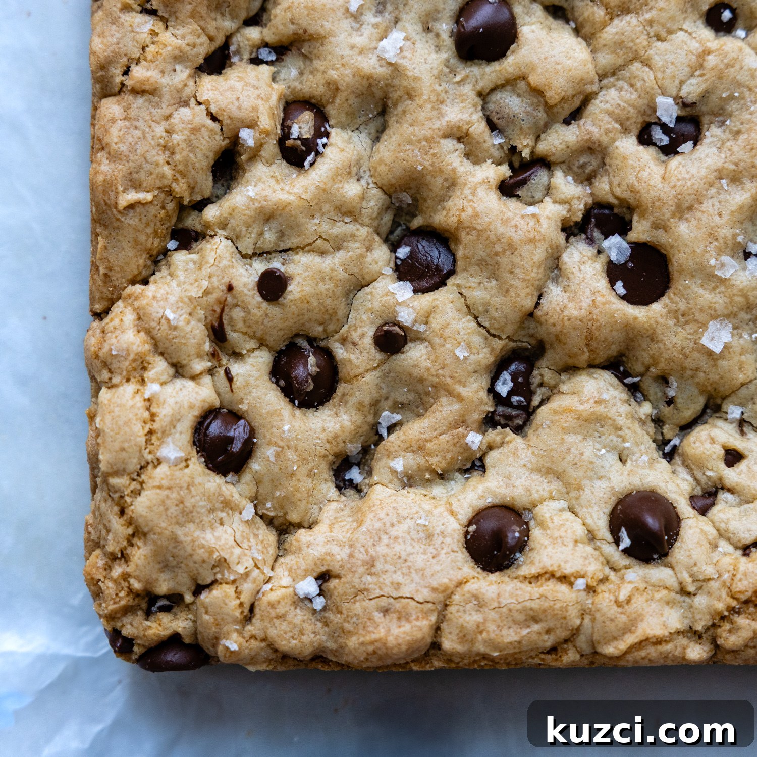 Baked gluten-free chocolate chip cookie bars topped with flaky sea salt.