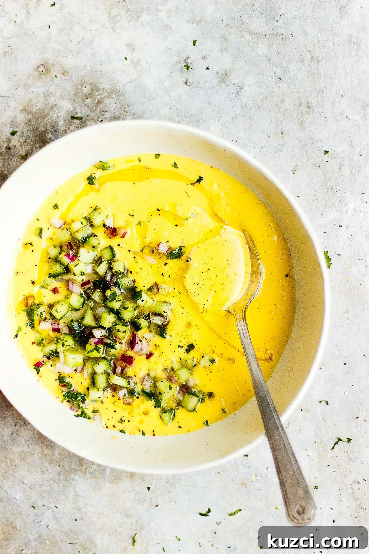 9 Cold Soup Recipes to Keep Your Kitchen Cool 11 Chilled farmer's market soup on a table.